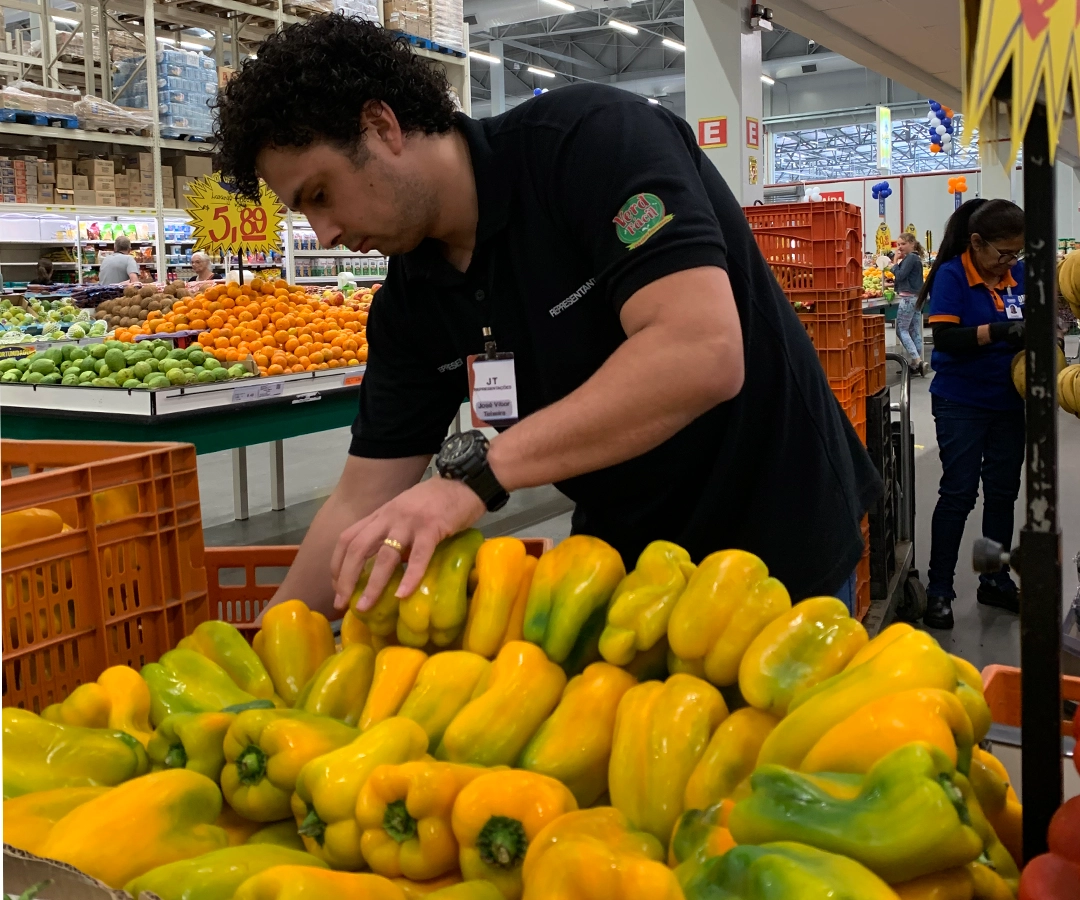 Representante da jt organizando pimentões na bancada
